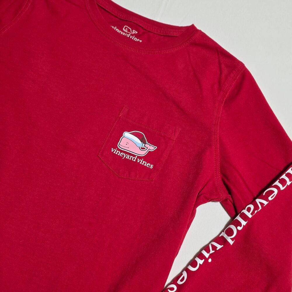Vineyard Vines Santa Whale Christmas L/S Pocket Tee Red XS Men's - Youth XL